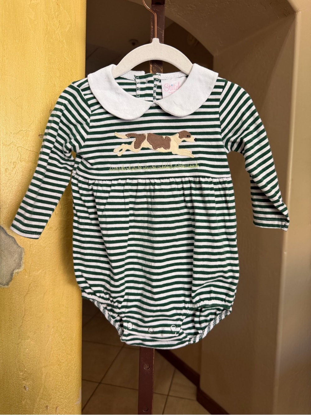 Stitchy Fish Striped Green and White Baby bubble with Dog Applique 9 months